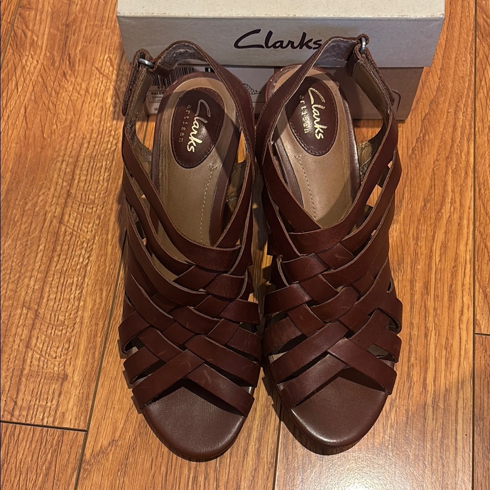 Clarks Brown Leather Sandals with Woven Straps
